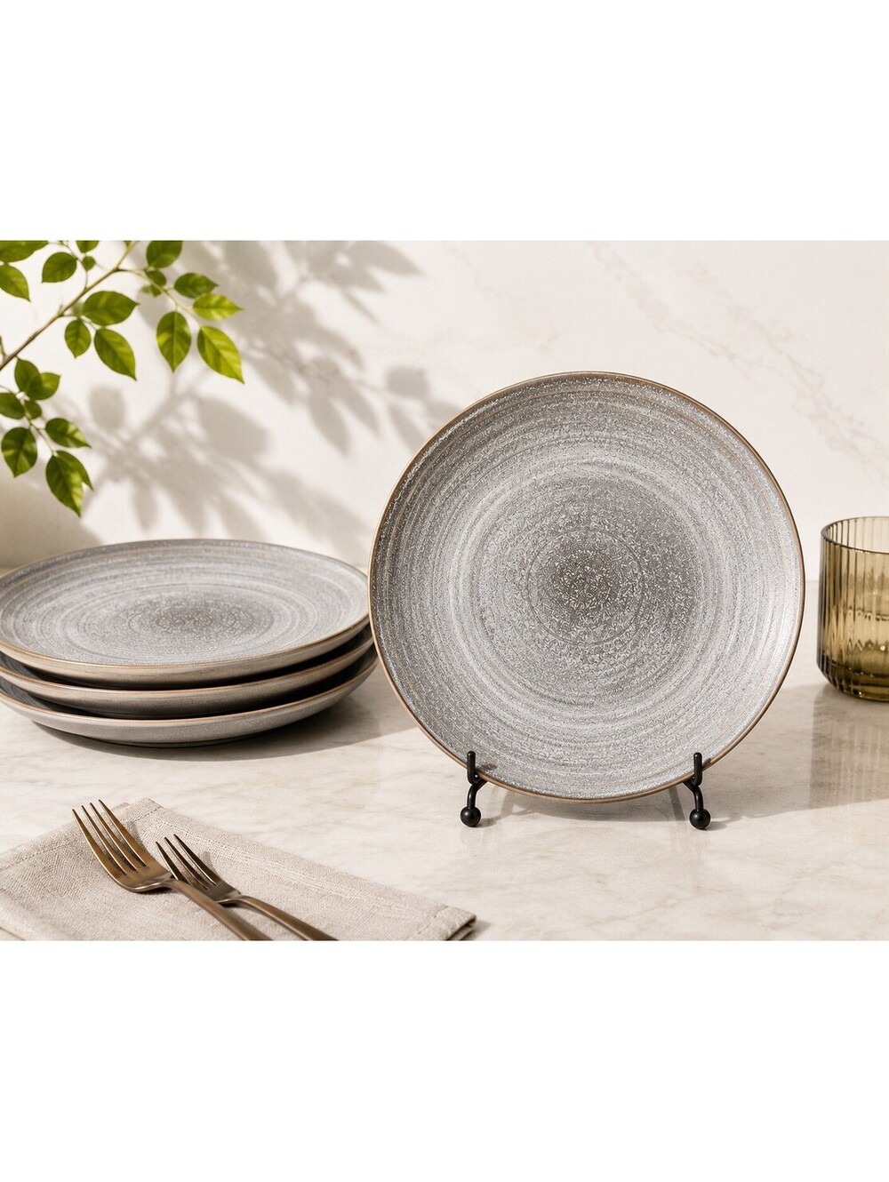 The Grainhouse Set Of 4 Dinner Plates Reactive Glaze Gray Ceramic, 9.5"